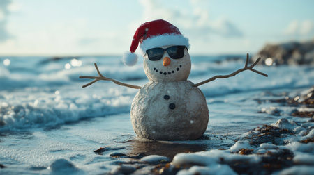 A sandy snowman with sunglasses, a Santa hat, and stick arms, with gentle ocean waves lapping the shore in the background.の素材