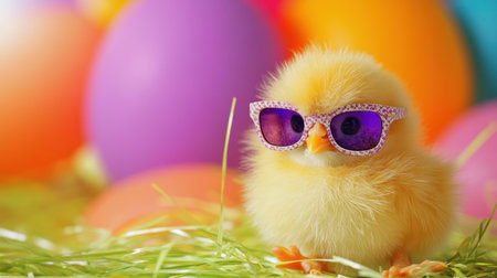A quirky Easter chick with tiny sunglasses, posing stylishly in a colorful studio setup, ideal for seasonal humor.の素材