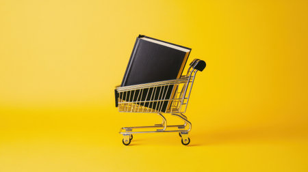 A small shopping cart containing a thick hardcover book, standing out sharply on a clean yellow backdrop.の素材