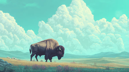 A solitary bison grazes peacefully on a vast prairie, surrounded by lush grass and soft rolling hills. White clouds drift in a blue sky, creating a serene and picturesque natural landscape.の素材