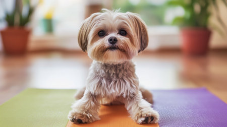 A small, adorable dog happily sits on a colorful yoga mat, embodying calm and joy. This image captures the essence of pet companionship and wellness at home.の素材