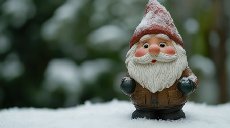 A whimsical garden gnome stands cheerfully in a snowy landscape, showcasing a delightful winter charm. This festive figurine adds a playful touch to any outdoor scene.の素材
