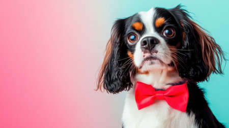 This charming dog in a bright red bow tie poses against a vibrant background. Perfect for conveying happiness and style in pet photography.の素材