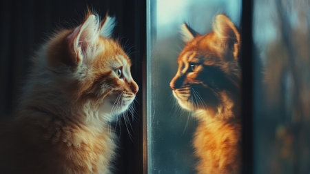 A fluffy orange kitten gazes intently at its own reflection in a softly lit window. The serene moment captures the innocence and curiosity of pets.の素材