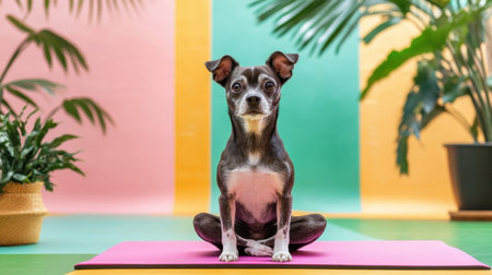 This adorable dog poses on a vibrant yoga mat in a colorful studio setting, showcasing a playful and calm atmosphere ideal for pet lovers and fitness enthusiasts.の素材