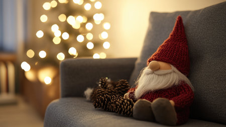 A cozy holiday scene featuring a gnome toy sitting on a sofa with twinkling Christmas lights in the background, creating a warm and inviting atmosphere.の素材