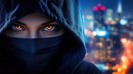 A captivating image of a mysterious figure with intense orange eyes cloaked in darkness, set against a vibrant urban nightscape, evoking feelings of intrigue and danger.の素材