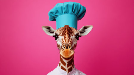 This whimsical image features a giraffe dressed as a chef, complete with a blue hat and a playful expression, set against a vibrant pink background.の素材