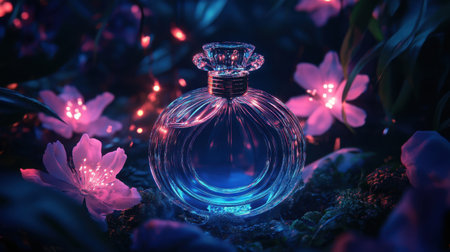 Enchanting glass perfume bottle immersed in vibrant flowers and soft lights, creating a serene and luxurious atmosphere that evokes a sense of beauty and elegance.の素材