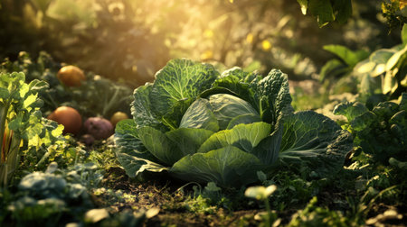 A fresh, vibrant cabbage plants bask in warm sunlight, surrounded by earth and other vegetables. This serene garden scene reflects nature's bounty and organic growth.の素材