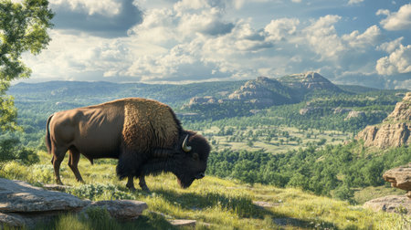 A majestic bison grazes peacefully on a lush green landscape, surrounded by rolling hills and blue skies, showcasing the beauty of wild animals in their natural habitat.の素材