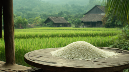 A mound of freshly harvested rice sits on a rustic wooden table, surrounded by vibrant green fields and distant traditional houses, showcasing rural beauty.の素材