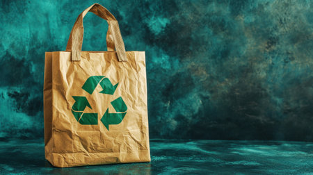 A crumpled paper bag featuring a recycle symbol against a textured green backdrop. This image symbolizes eco-friendliness and sustainable choices in modern shopping.の素材