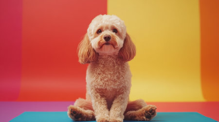 A charming poodle sits gracefully against a vivid background. The colorful setting enhances the dog's fluffy texture and playful personality, making it an ideal image for pet lovers.の素材