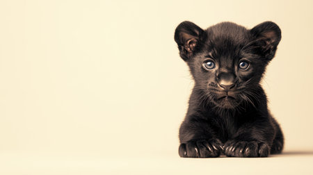 A charming black panther cub looking curiously at the camera against a soft beige background. The image captures the innocence and beauty of this young wildcat with its expressive eyes and soft fur.の素材