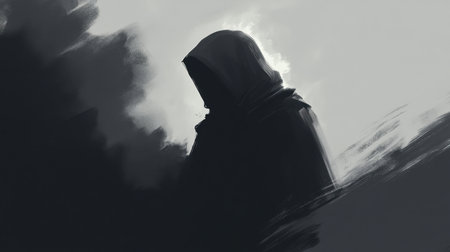 A captivating silhouette of a figure in a dark hooded cloak evokes a sense of mystery and drama. The artwork explores themes of isolation and contemplation.の素材