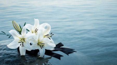A stunning arrangement of white lilies adorned with a black ribbon rests gracefully on a serene water surface, evoking feelings of peace and elegance.の素材