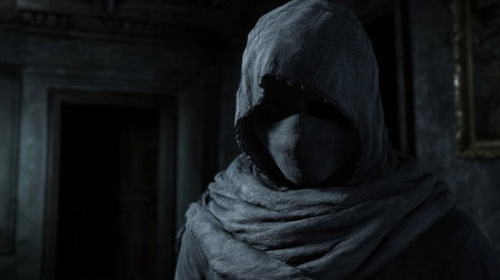A mysterious figure draped in a dark hooded cloak stands in an eerie interior. The atmosphere is thick with suspense, invoking feelings of isolation and intrigue.の素材