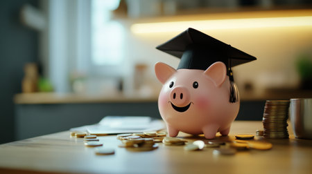 A cute piggy bank wearing a graduation cap symbolizes the importance of financial education and saving for future academic success and stability.の素材