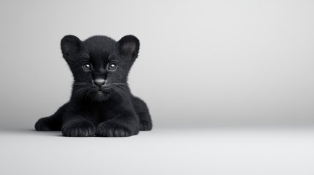 A charming black panther cub rests peacefully on a smooth gray surface. Its soft fur and curious eyes create an endearing portrait of youthful innocence and calm.の素材