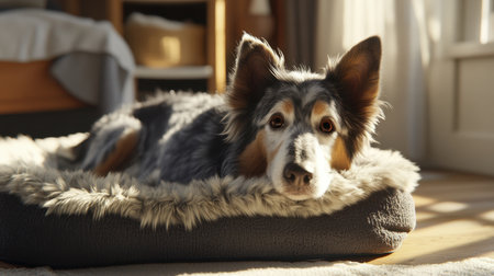 A beautiful dog rests comfortably on a plush bed in a sunlit home. The serene atmosphere highlights the pet's cozy demeanor and warmth.の素材