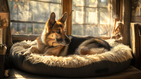 A serene dog resting comfortably on a soft bed near a sunlit window, creating a peaceful atmosphere in a cozy indoor space.の素材