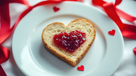 Delightful heart-shaped bread topped with rich red jam emphasizes love and joy, perfect for romantic moments, festive breakfasts, or sweet celebrations.の素材