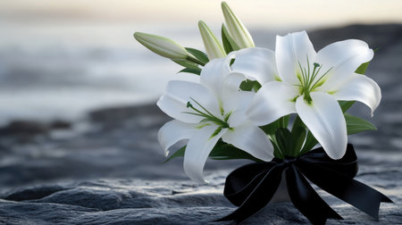 This captivating scene features a bouquet of elegant white lilies adorned with a black ribbon, resting gently on a rocky surface. Perfect for themes of beauty and tranquility.の素材