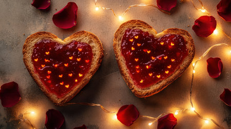 Charming heart-shaped toast with jelly surrounded by rose petals and twinkling lights creates a perfect romantic setting for any special occasion.の素材