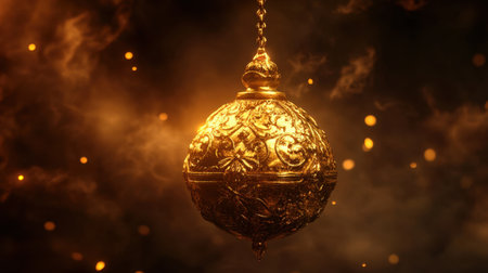 Captivating golden pendant with detailed craftsmanship suspended in a smoky atmosphere, creating a mystical and enchanting mood ideal for luxury themes.の素材