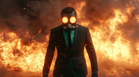 A lone man in a suit wears a gas mask as he stands amidst roaring flames and thick smoke. The dramatic scene captures themes of survival and danger in an urban environment.の素材