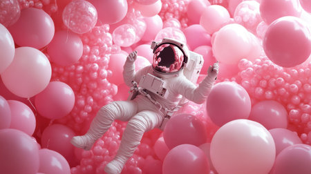 An astronaut gracefully floats through a vibrant sea of pink balloons and bubbles, creating a whimsical and surreal atmosphere filled with joy and imagination.の素材