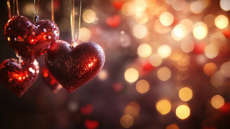 This image features sparkling red hearts hanging against a soft bokeh background, creating a romantic and festive atmosphere ideal for love-themed projects.の素材