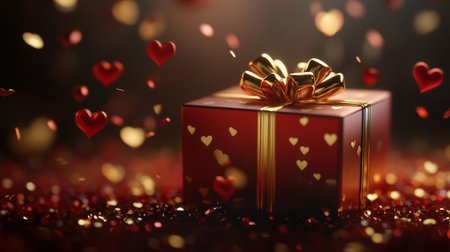 A beautifully wrapped gift box adorned with golden accents and hearts, set against a sparkling background, perfect for romantic occasions and celebrations.の素材
