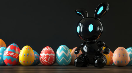 A charming black bunny toy with glowing blue eyes stands amidst a vibrant display of colorful Easter eggs. Perfect for festive holiday themes.の素材