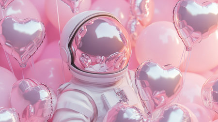 A charming astronaut nestled among glossy pink heart balloons, creating a whimsical and romantic atmosphere. This playful image captures joy and celebration in a dreamy setting.の素材
