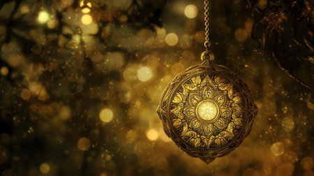 A captivating antique gold pendant showcases intricate designs against a soft bokeh background, evoking a sense of elegance and warmth.の素材