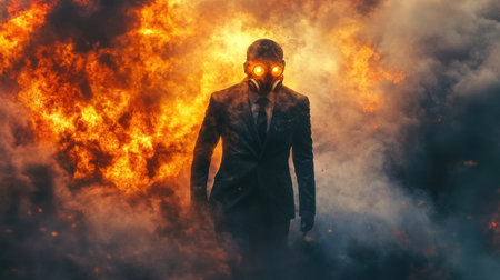 A mysterious figure wearing a gas mask walks through fiery smoke, embodying danger and intrigue. This striking image captures an apocalyptic atmosphere.の素材