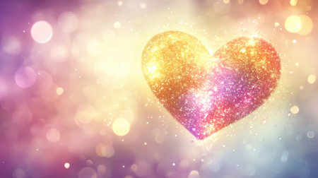 This stunning illustration features a heart shape filled with shimmering glitter, set against a colorful bokeh background, perfect for expressing love and joy.の素材