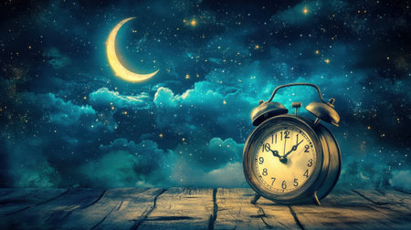 A serene night scene featuring an alarm clock against a dreamy sky filled with stars and a crescent moon, evoking tranquility and reflection.の素材