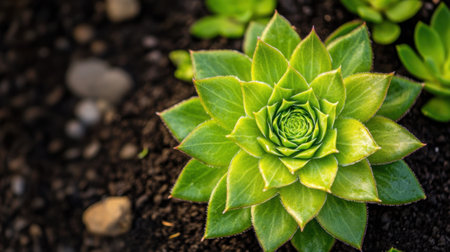 A stunning close-up of a green succulent plant with layers of textured leaves, nestled in rich, dark soil. This image captures the beauty of nature.の素材