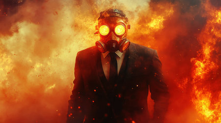 A powerful image of a man donning a gas mask amidst fiery chaos. The intense glow of flames contrasts sharply with the dark suit, creating a dramatic, mysterious atmosphere.の素材