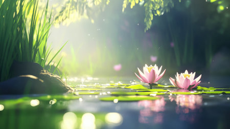 Experience tranquility with serene lotus blossoms floating gracefully on calm water, surrounded by lush greenery and soft sunlight, creating a peaceful atmosphere.の素材