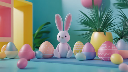 A charming pastel bunny sits among colorful Easter eggs on a blue surface, creating a vibrant and cheerful spring scene perfect for festive celebrations.の素材