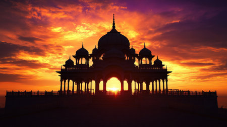 A breathtaking silhouette of a majestic monument at sunset, showcasing intricate domes and a colorful sky. Perfect for travel and architecture themes.の素材