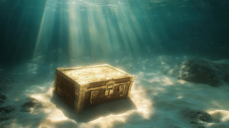 A captivating scene of a weathered treasure chest resting on the ocean floor, illuminated by soft rays of sunlight filtering through the water, evoking feelings of mystery and adventure.の素材