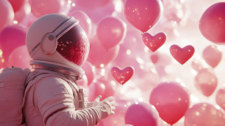 An imaginative scene featuring an astronaut in a dreamy space filled with pink balloons and hearts, embodying themes of love and exploration in a whimsical cosmos.の素材