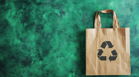 A paper bag featuring a recycling symbol sits against a vibrant green background, emphasizing eco-friendly choices and sustainability in daily living.の素材