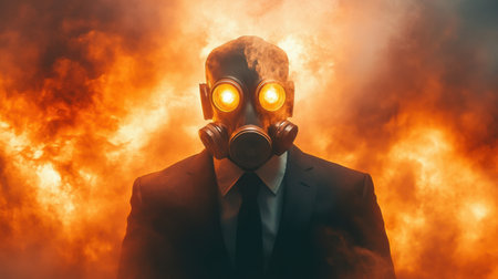A dramatic portrayal of a figure in a suit wearing a gas mask, illuminated by fiery flames and smoke, evokes themes of danger and mystery in a chaotic environment.の素材