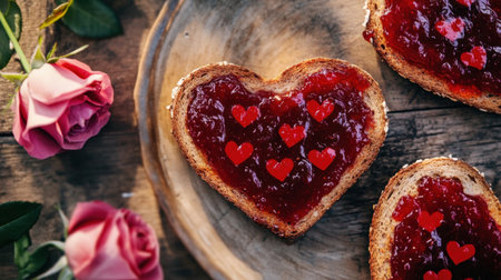 Delicate heart-shaped toast topped with vibrant jam, accented by beautiful roses on a rustic wooden plate, perfect for romantic moments or special occasions.の素材
